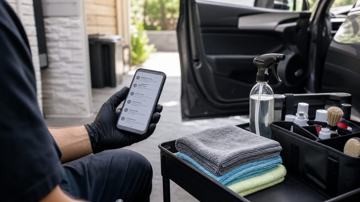 Mobile detailing operator reviewing quote requests beside detailing supplies