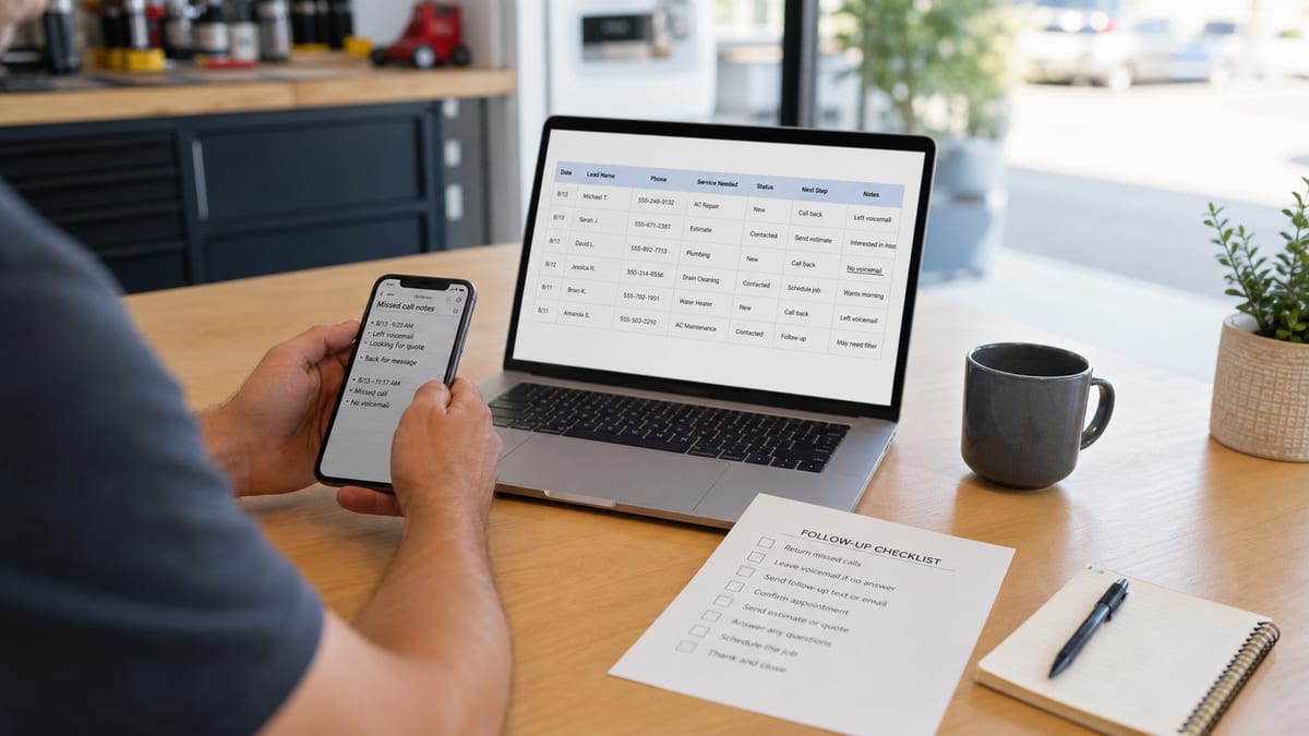 Cleaning business owner reviewing quote follow-up notes and a lead tracker