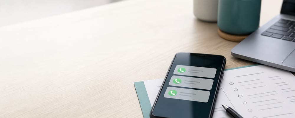 Phone, call list, and follow-up checklist on a local service business desk